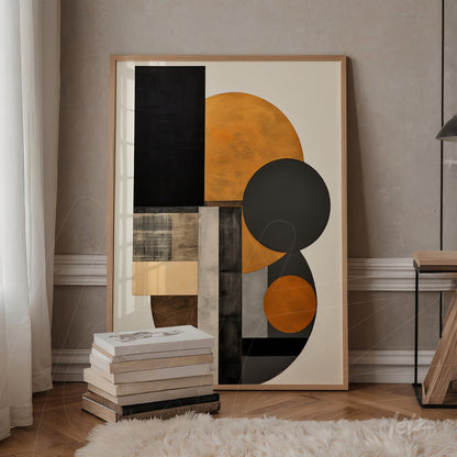 modern abstract wall art in orange, black, and gray tones framed in light wood