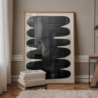 framed wall art featuring abstract black and white design displayed next to a stack of books on a wooden table