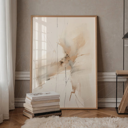 abstract artwork in earthy tones framed in light wood, leaning next to a stack of books in a softly lit interior with light-colored wall