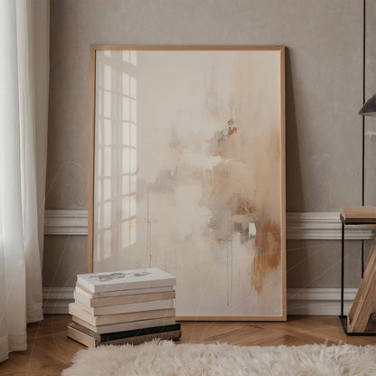 abstract artwork in earthy tones with a light wooden frame, leaning against a shelf next to a stack of books