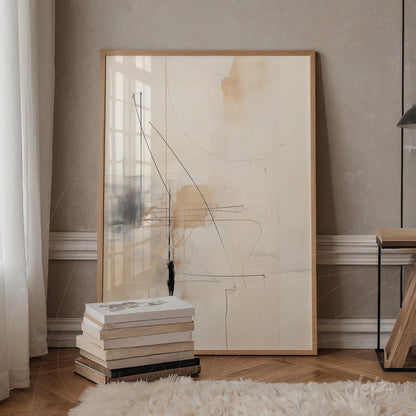 abstract artwork with lines in shades of beige and black in a light wood frame, leaning against a textured wall