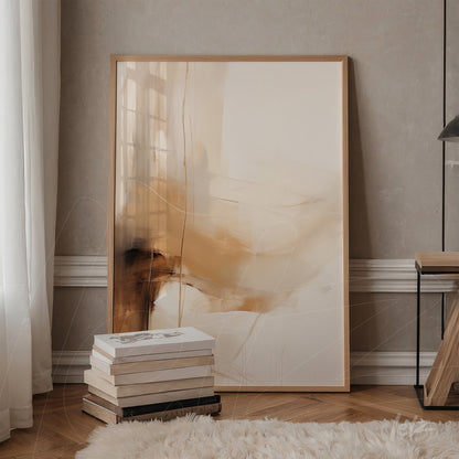 abstract artwork in beige and caramel tones in light frame leaning next to a wooden table