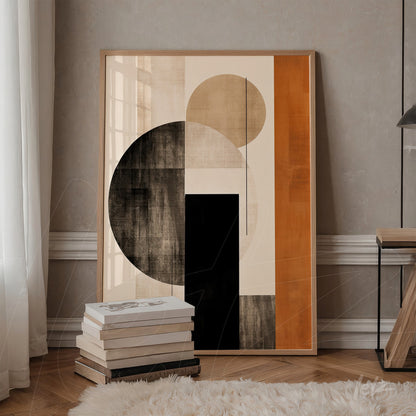 framed abstract artwork featuring earthy tones and geometric shapes displayed against a light gray wall