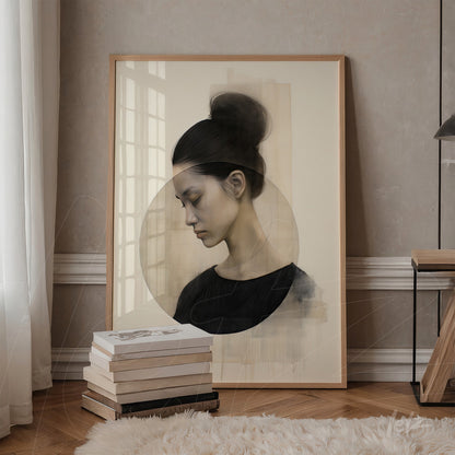 framed wall art featuring a profile portrait of a woman in soft tones with light wood frame and neutral textured background