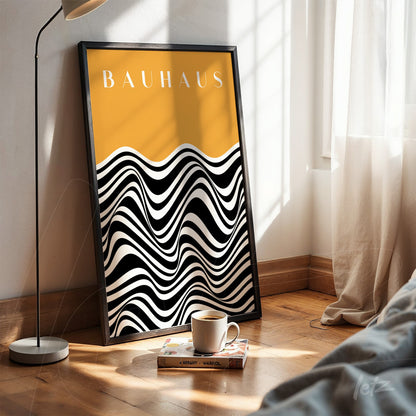 framed print with black and white wavy design on yellow background displayed in a living room setting