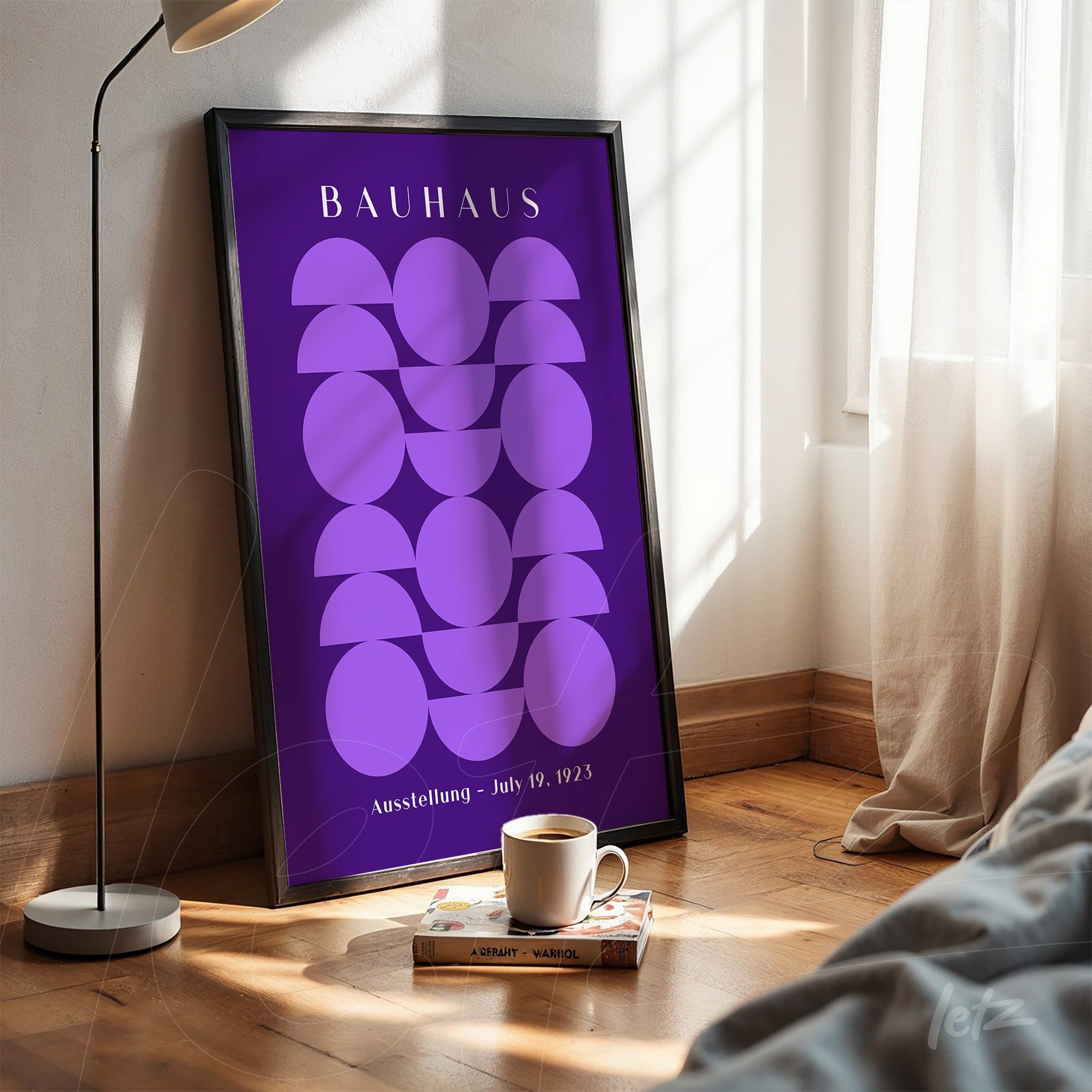 poster with Bauhaus style geometric illustration on purple background and black frame on wooden floor