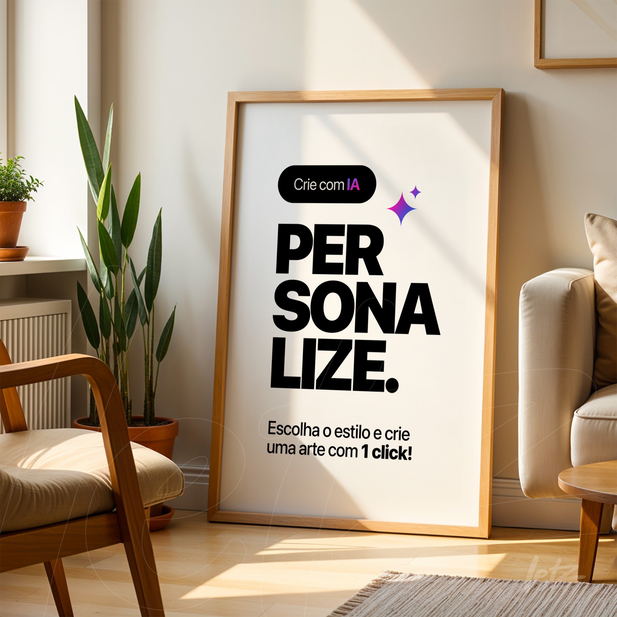 framed wall art with minimalistic design featuring large bold text on a neutral background displayed in a light wood frame against a bright living room wall