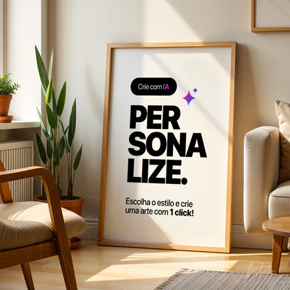 framed wall art with minimalistic design featuring large bold text on a neutral background displayed in a light wood frame against a bright living room wall