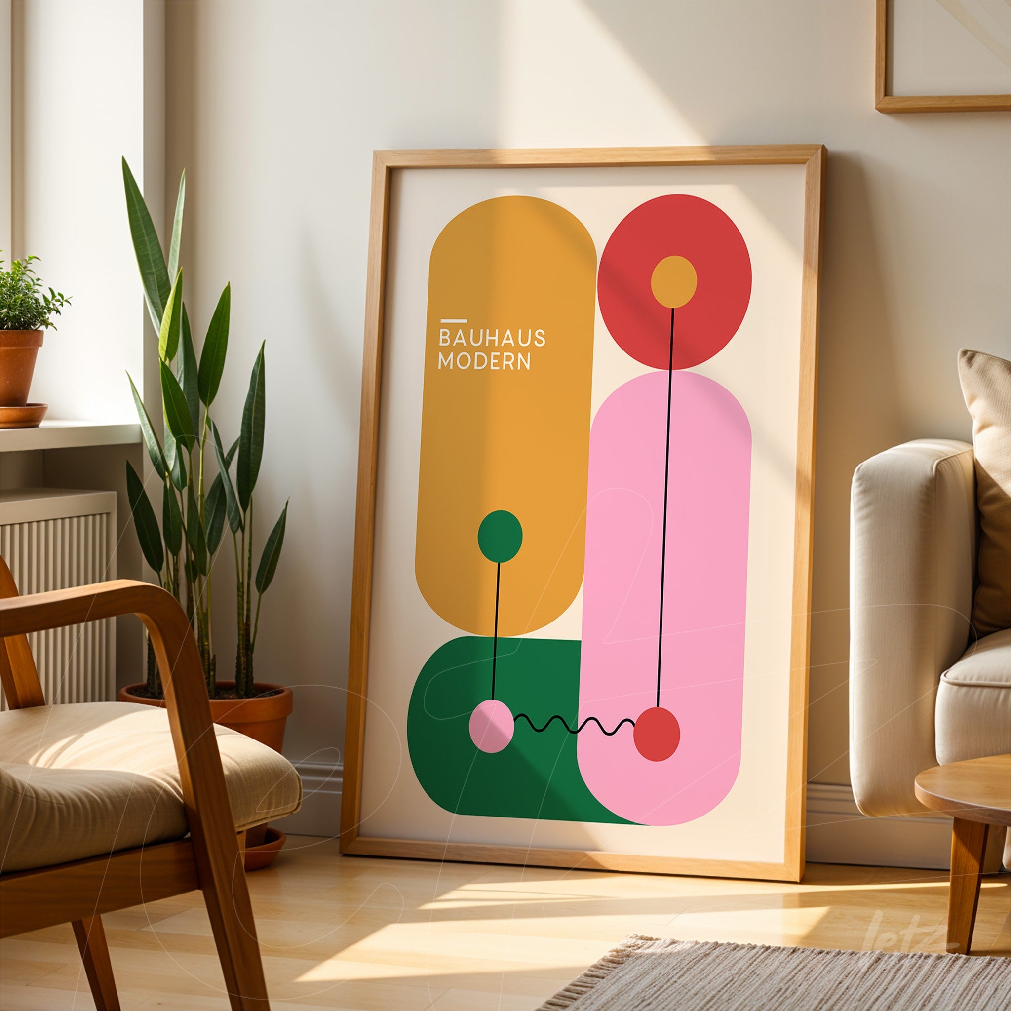 print poster in modern bauhaus style with geometric shapes in natural frame resting in a corner