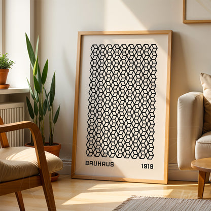 framed art with black geometric pattern in a light wood frame, displayed in a room with wooden flooring and plants in the background