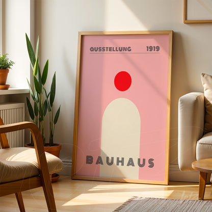 poster print with minimalist bauhaus art in light frame leaning against wall in modern living room