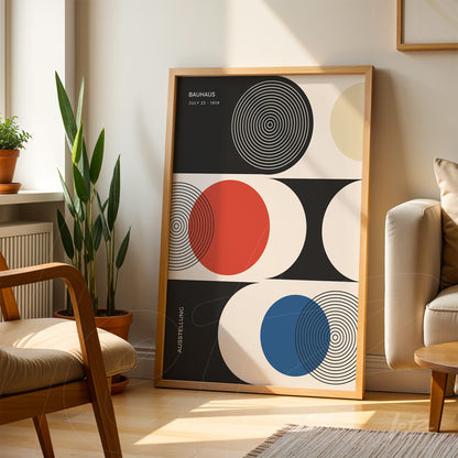 modern geometric art poster displayed in light wood frame, featuring black, red, and blue circles against a beige background leaning against wall in bright room