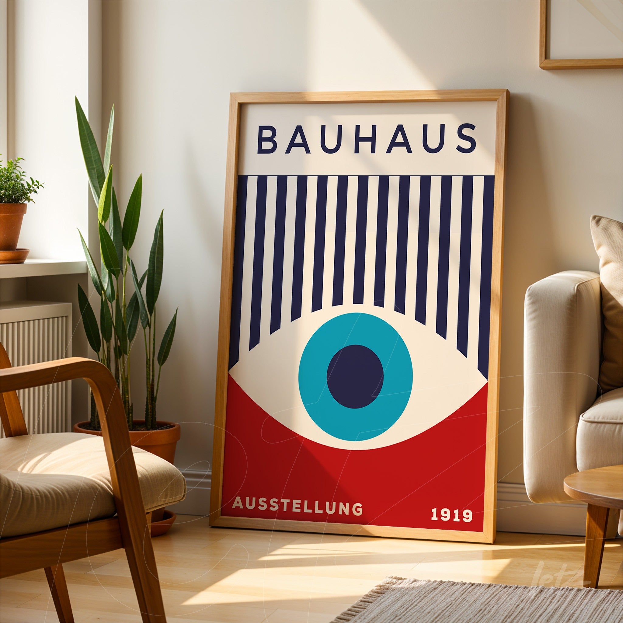 bauhaus style poster illustration in light wood frame leaning against a bright room wall with plants in the background