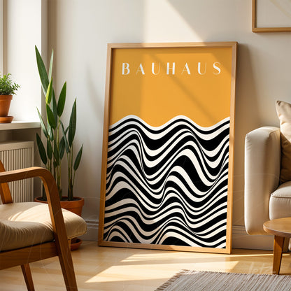 modern bauhaus style framed art with wooden frame leaning on the floor next to a sofa