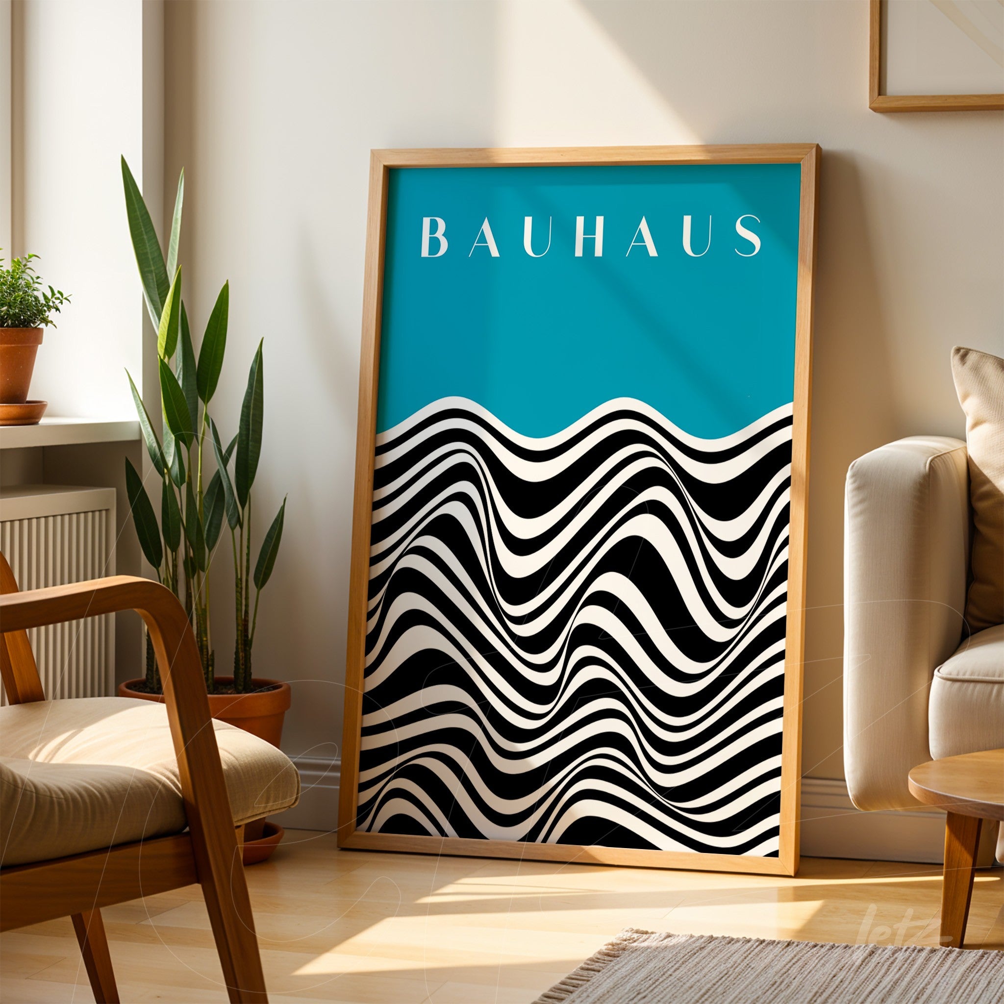 poster print featuring geometric design of black and white wavy lines on blue background, framed in light wood and leaning on wooden floor beside beige sofa