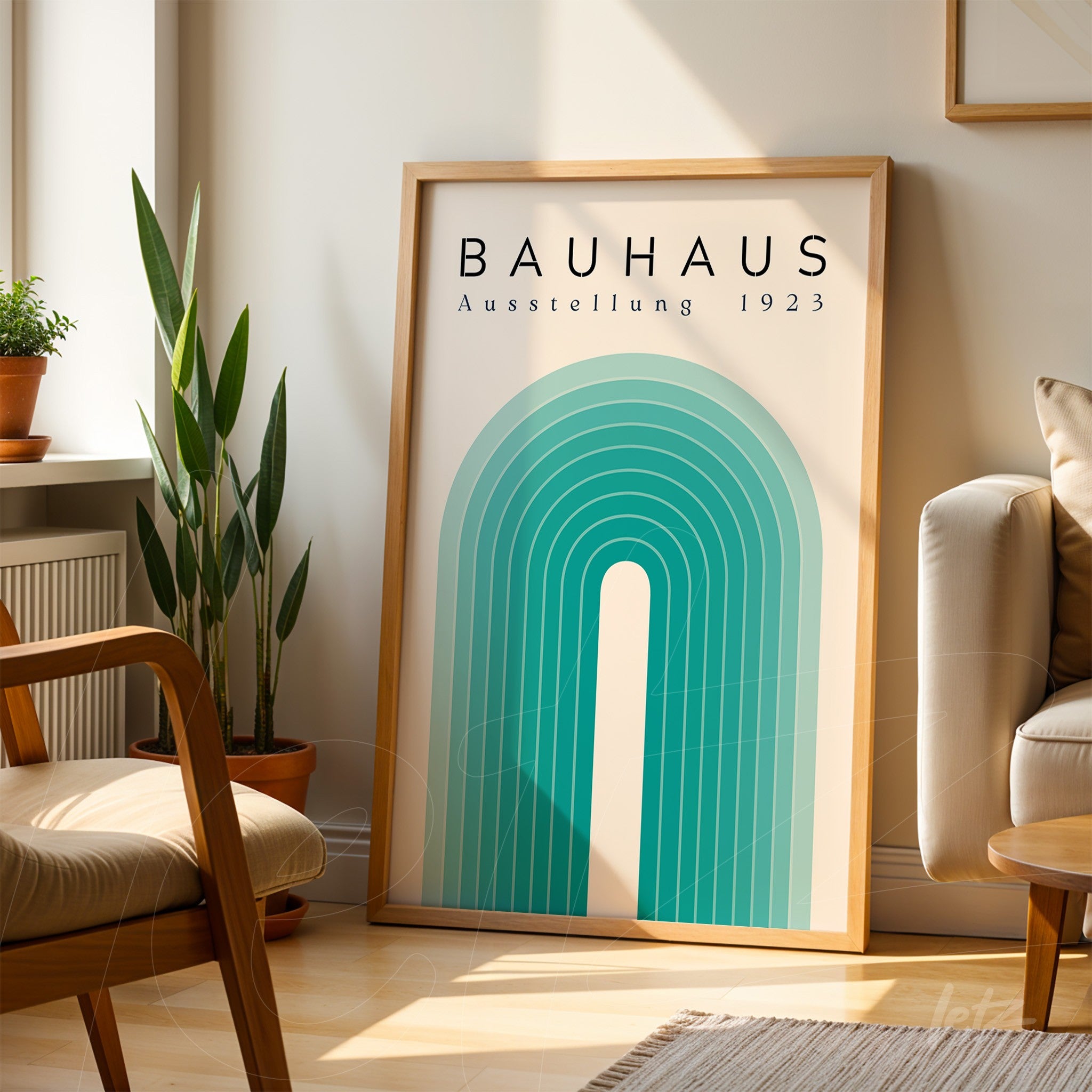 poster with geometric bauhaus art of green arches in light wood frame leaning against light wall