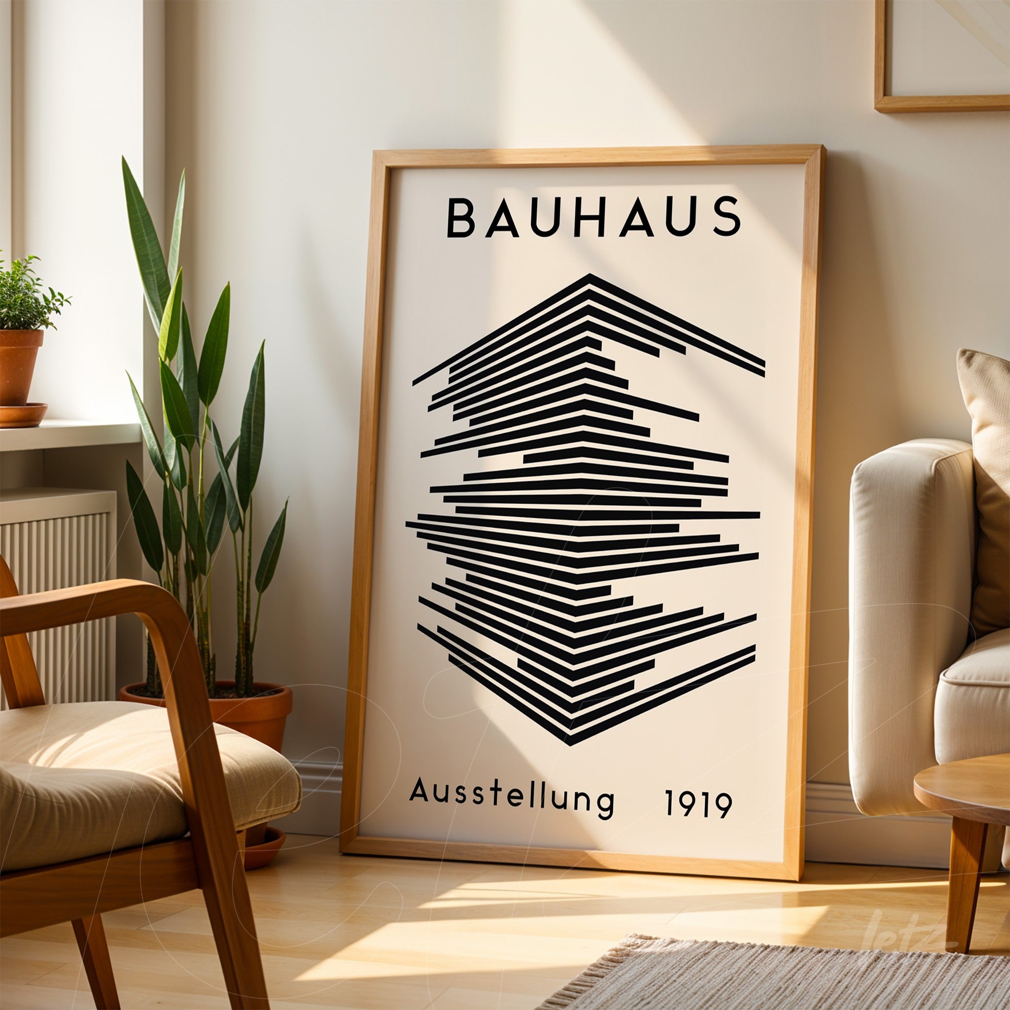 poster featuring geometric Bauhaus style illustration in light wood frame leaning against a modern living room wall