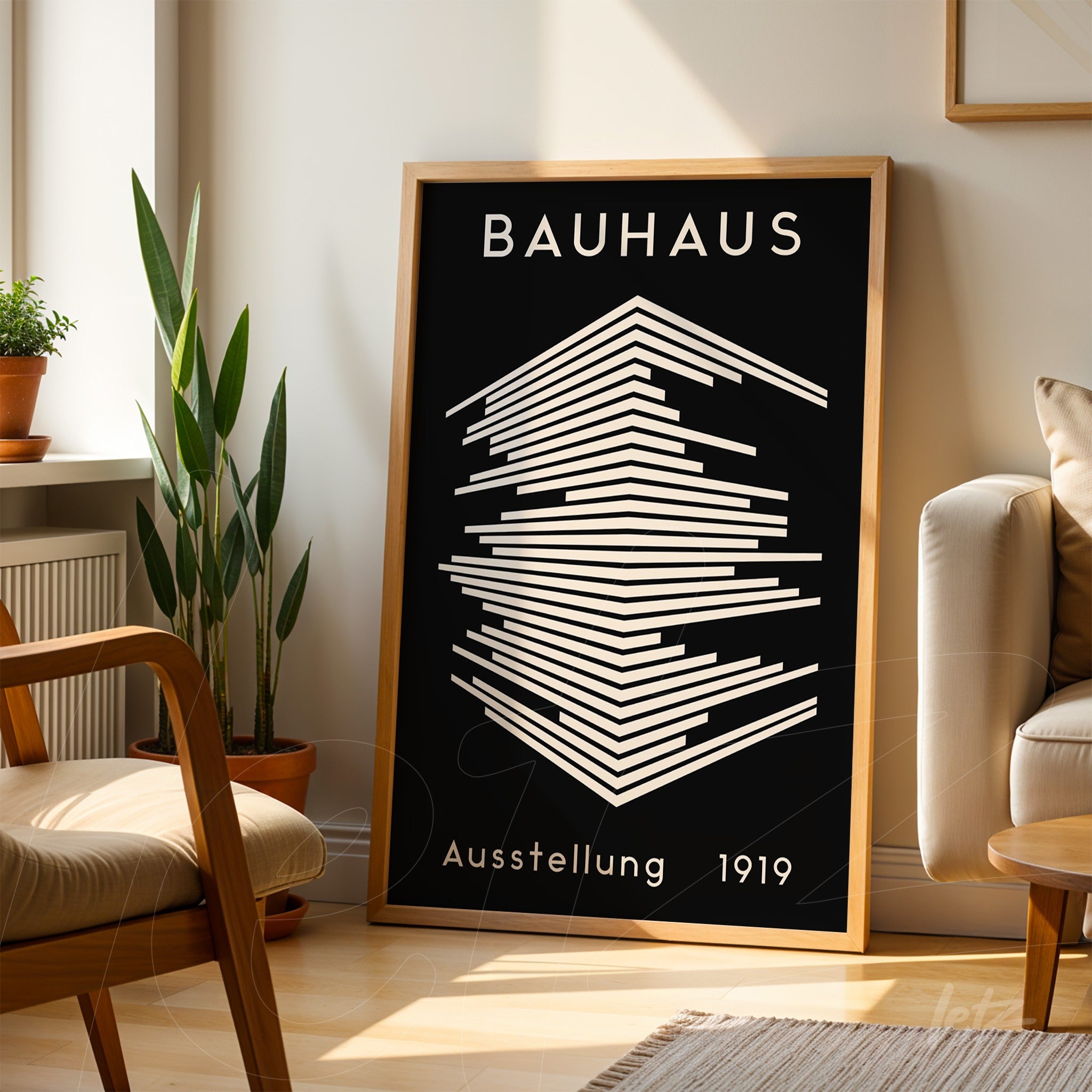 poster print of bauhaus geometric design with lines on black background in light wood frame