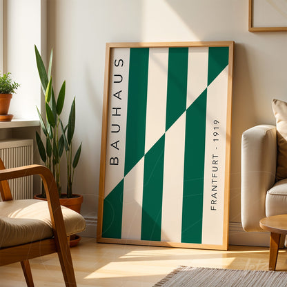 poster print with modern art design featuring green and white diagonal lines, light wood frame