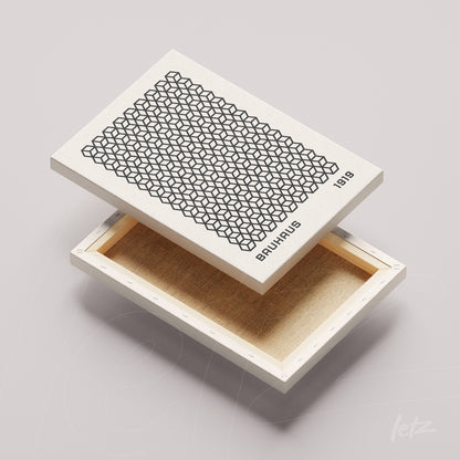 decorative box in bauhaus style with black and white geometric pattern and 1919 date