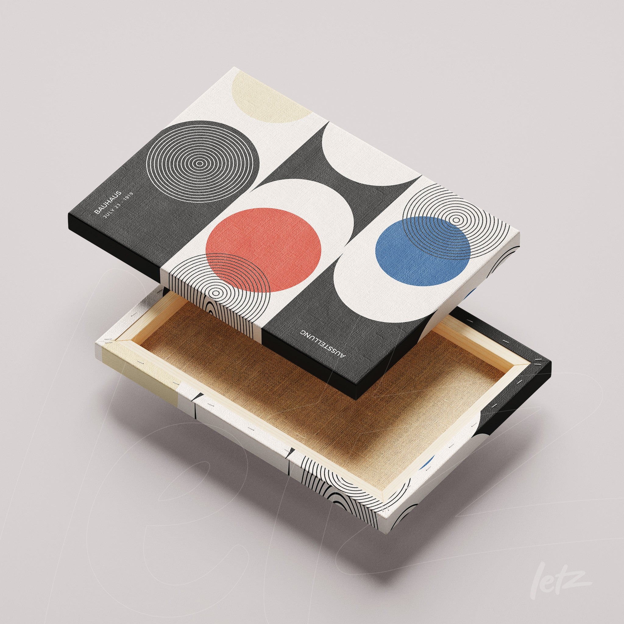 canvas print with geometric design of colorful circles on a white background, shown on a light gray backdrop