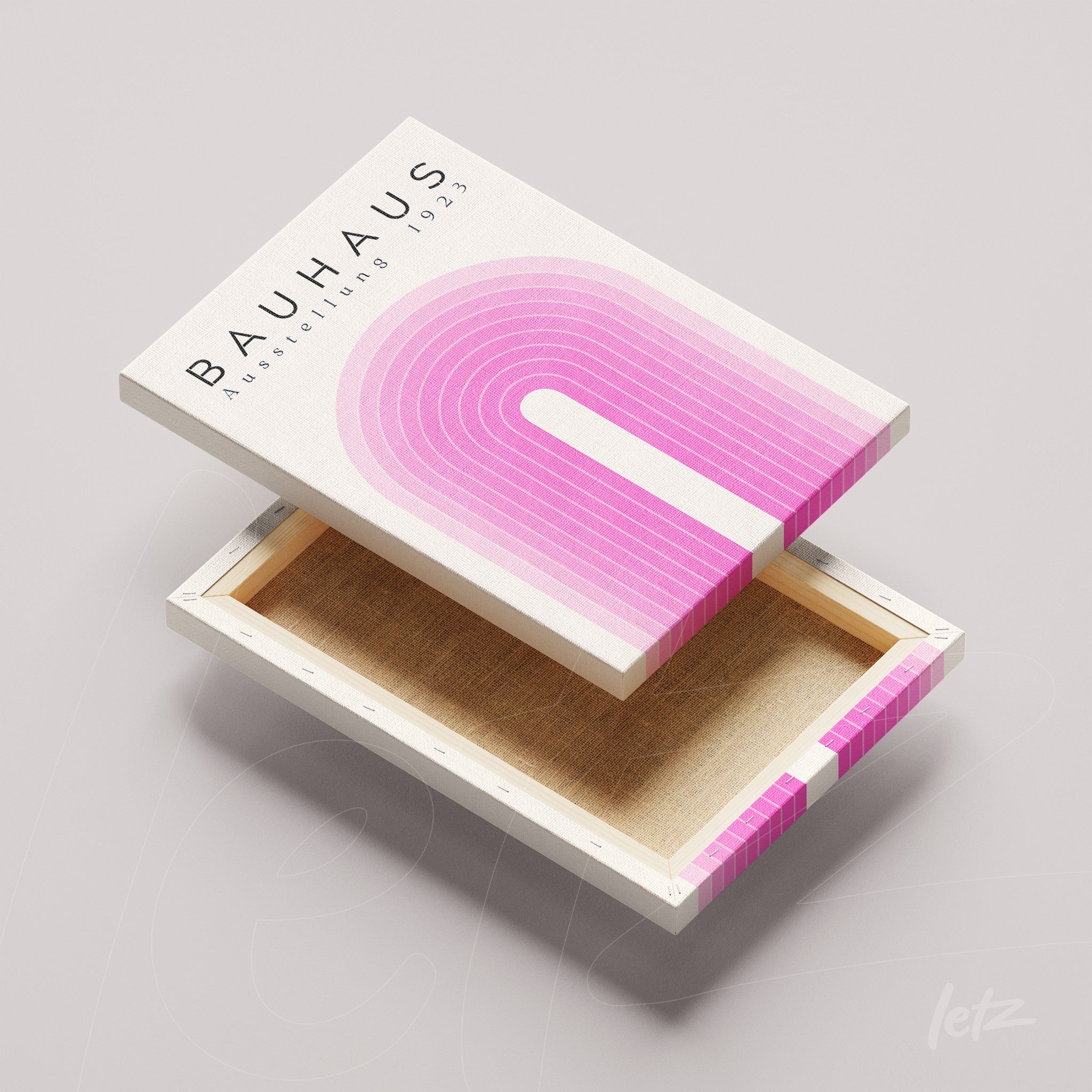 canvas print with Bauhaus-inspired geometric design shown at an open angle, revealing the back and side of the frame