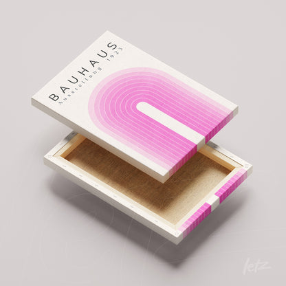 canvas print with Bauhaus-inspired geometric design shown at an open angle, revealing the back and side of the frame