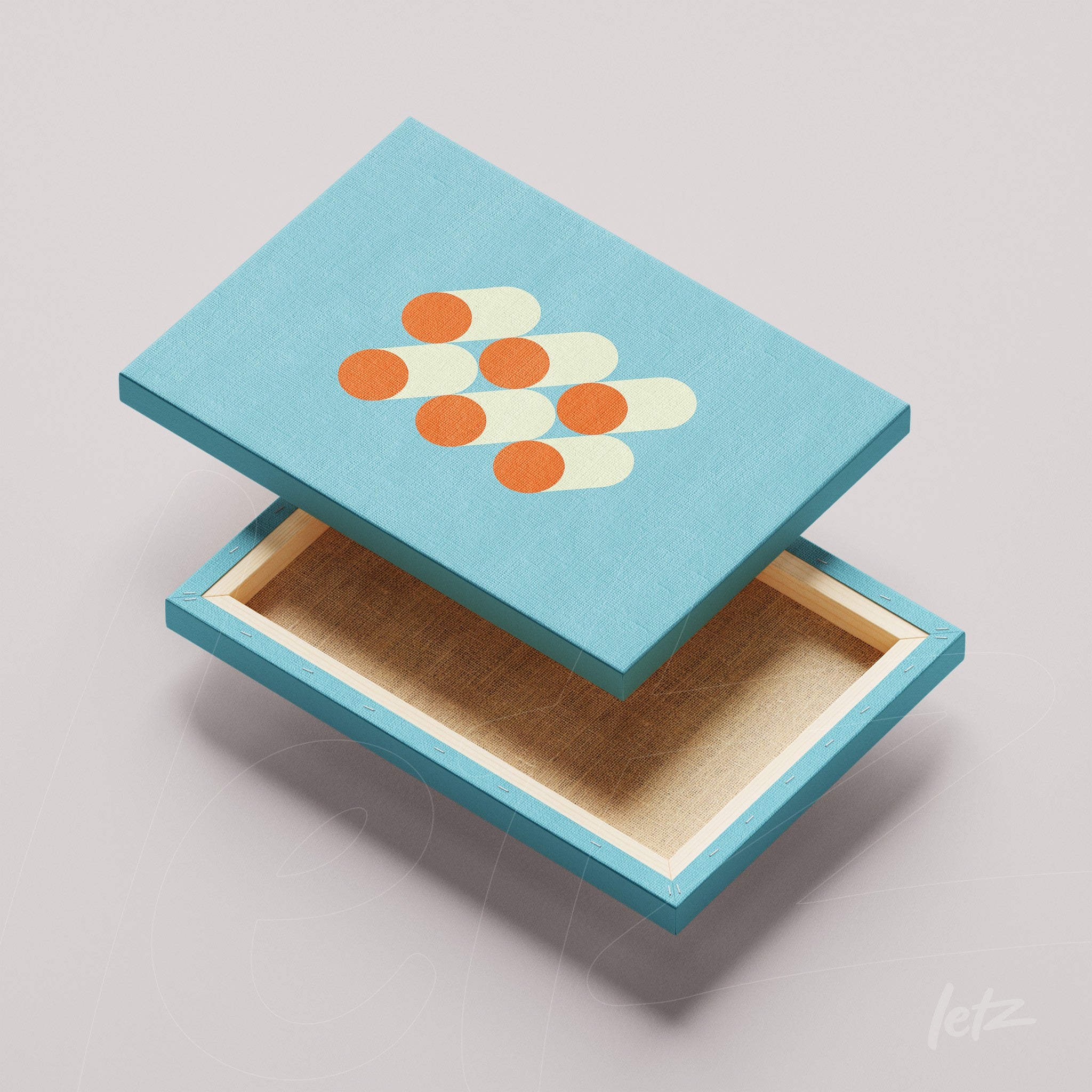 decorative box lid in blue with orange circles and yellow ovals on light gray background