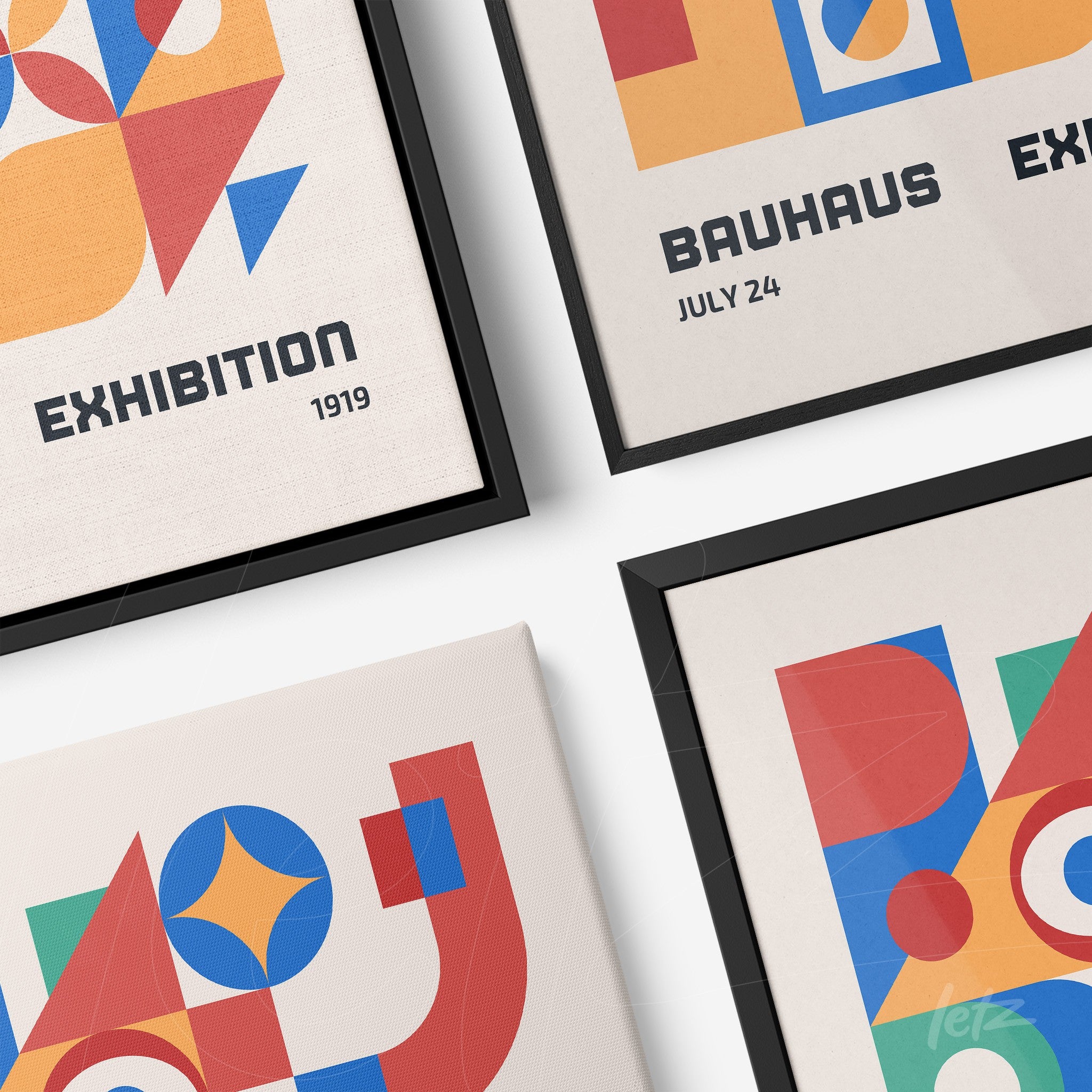 collection of Bauhaus style framed art with colorful geometric shapes and black frames