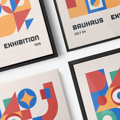 collection of Bauhaus style framed art with colorful geometric shapes and black frames