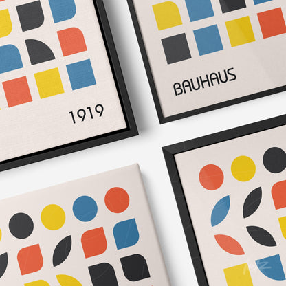 set of Bauhaus style artworks featuring colorful geometric shapes with black frames