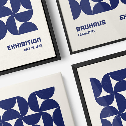 collection of framed geometric art in blue bauhaus style with black frame displayed on a white background