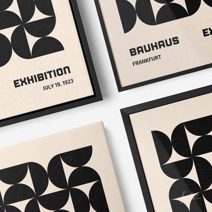collection of modern framed prints with black geometric design on beige background and black frames, influenced by Bauhaus style