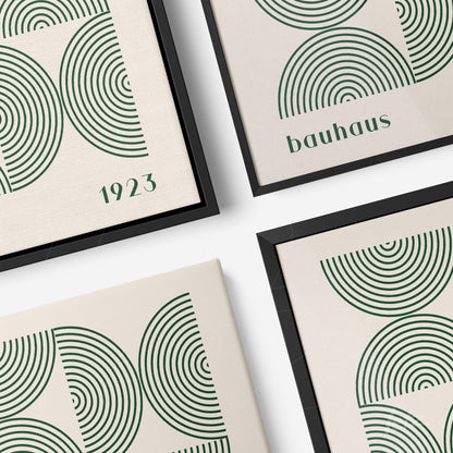four framed artworks featuring green concentric circles in Bauhaus geometric style, displayed with black frames on a white background