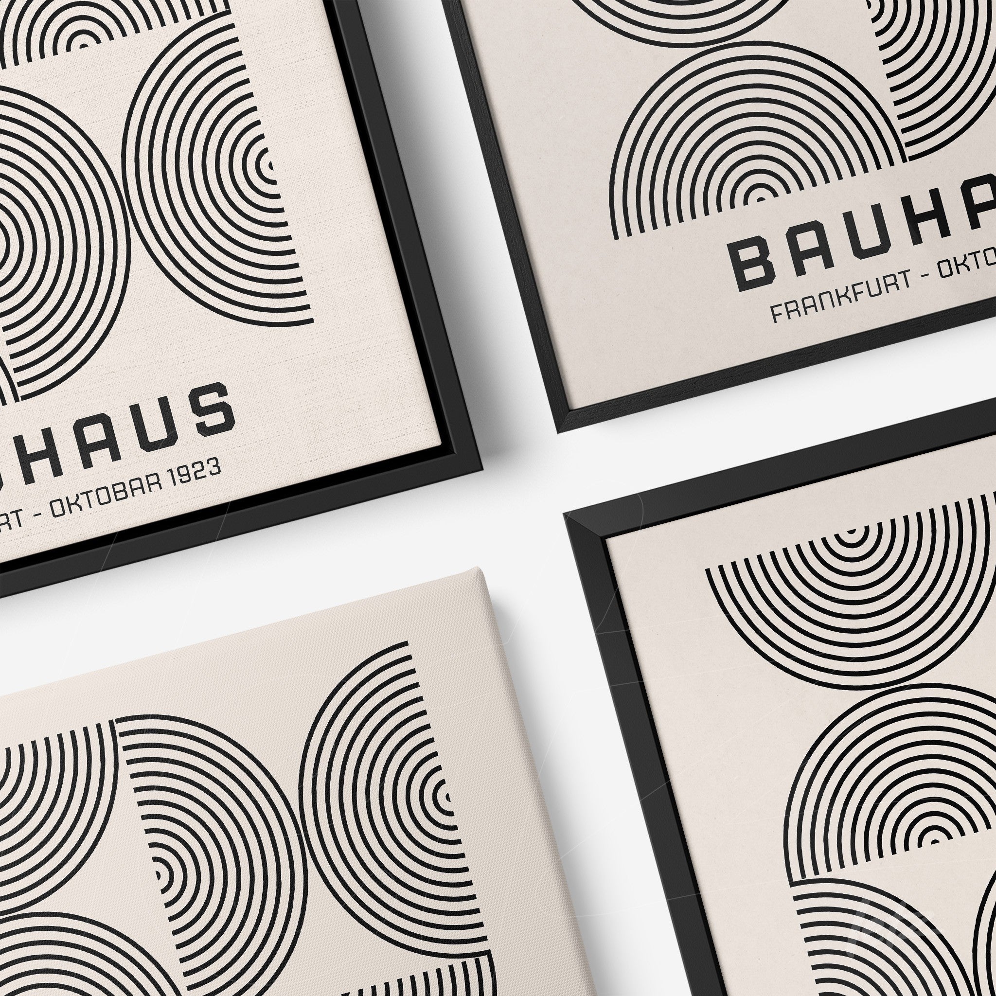 series of bauhaus framed art with abstract black circular patterns on beige background, black frame