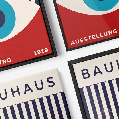 series of framed art inspired by Bauhaus movement, featuring geometric shapes and german text, each in thin black frame