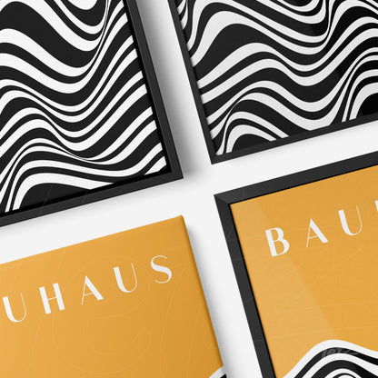 composition with geometric black and white prints and bauhaus text on mustard background, black frames