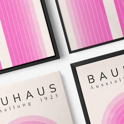 collection of bauhaus-inspired art prints with geometric pink design and black frames