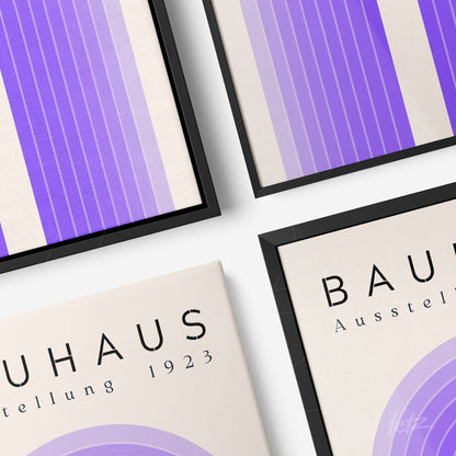 collection of Bauhaus-inspired framed art with geometric design in shades of purple and black frames