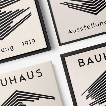collection of framed artworks featuring bauhaus geometric style, displayed with black frames on white surface