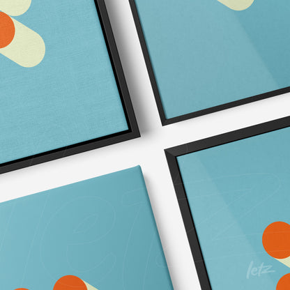 four abstract art pieces featuring blue tones and geometric shapes, showcased with black frames on a white surface