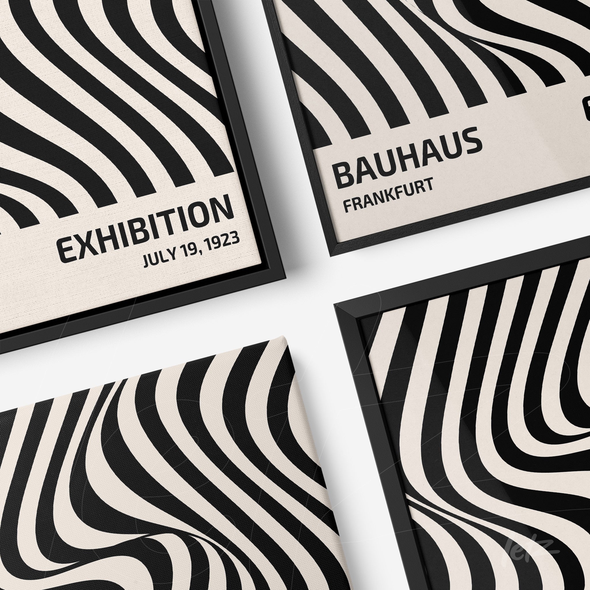 collection of canvas prints featuring black wave patterns on a beige background with displayed text showing dates and locations