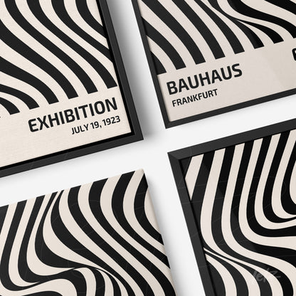 collection of canvas prints featuring black wave patterns on a beige background with displayed text showing dates and locations