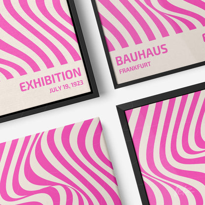 series of framed abstract art with pink and white curved lines and bauhaus text in black frames