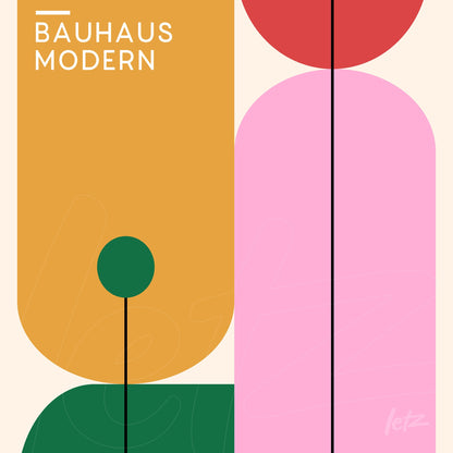 bauhaus-inspired geometric canvas design with pink, red, green, and yellow shapes on a beige background