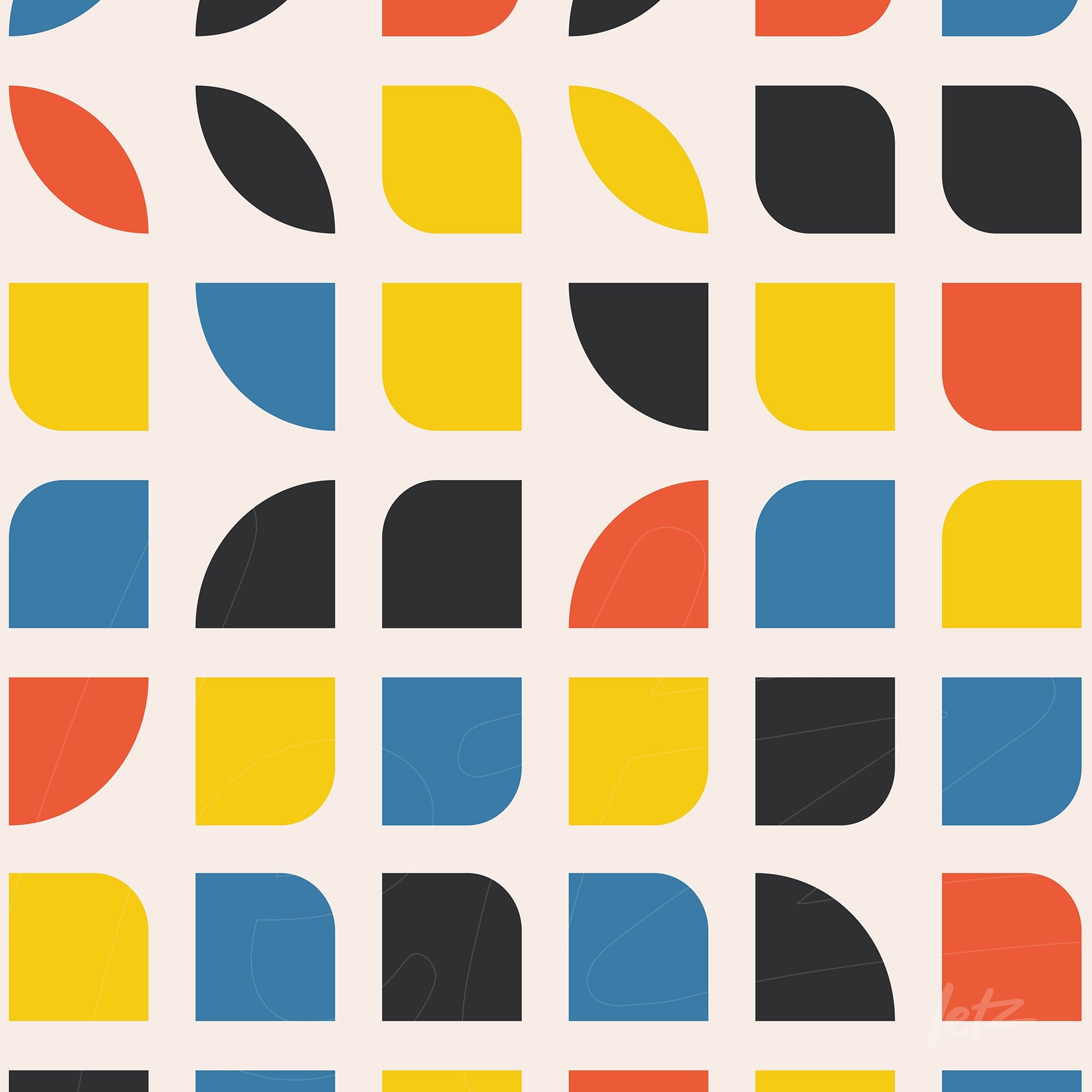canvas print featuring colorful geometric pattern with semicircles, quarter circles, and rectangular blocks on a beige background