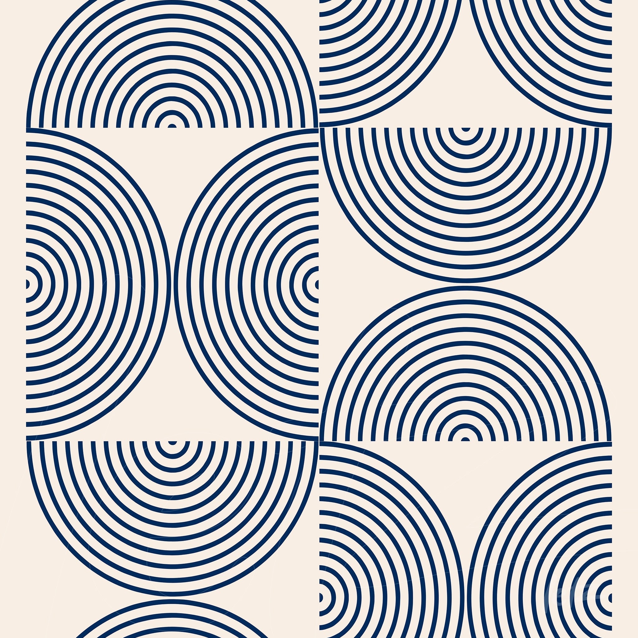 geometric pattern with concentric half circles in blue on a beige background