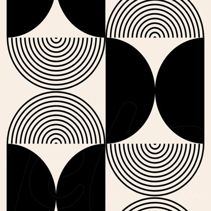 poster with black and beige geometric art featuring semicircles and concentric lines