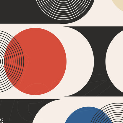 abstract art with red and blue circles on a black and white geometric background