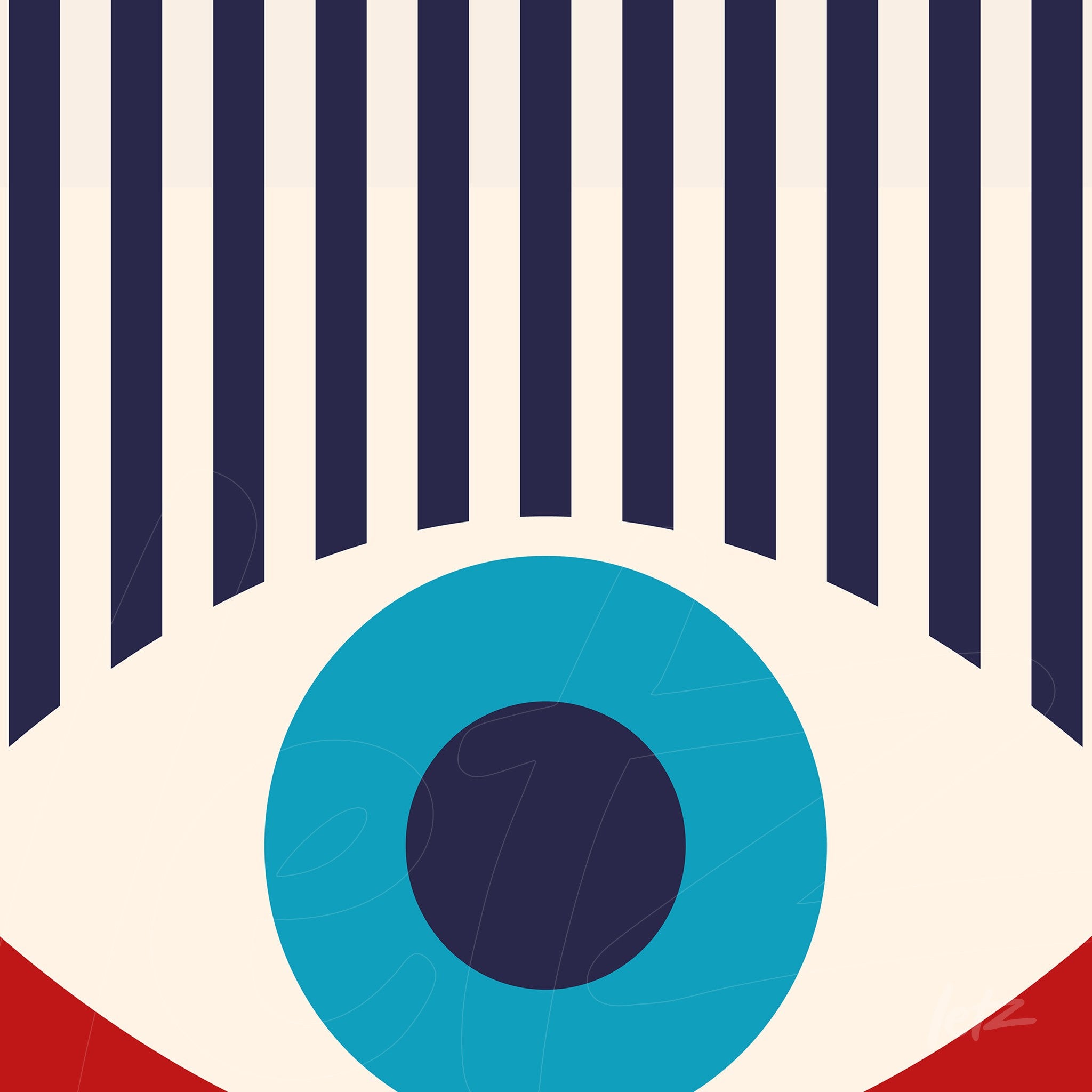 digital art of a stylized eye with blue iris and vertical black stripe patterns on a beige background with a red base